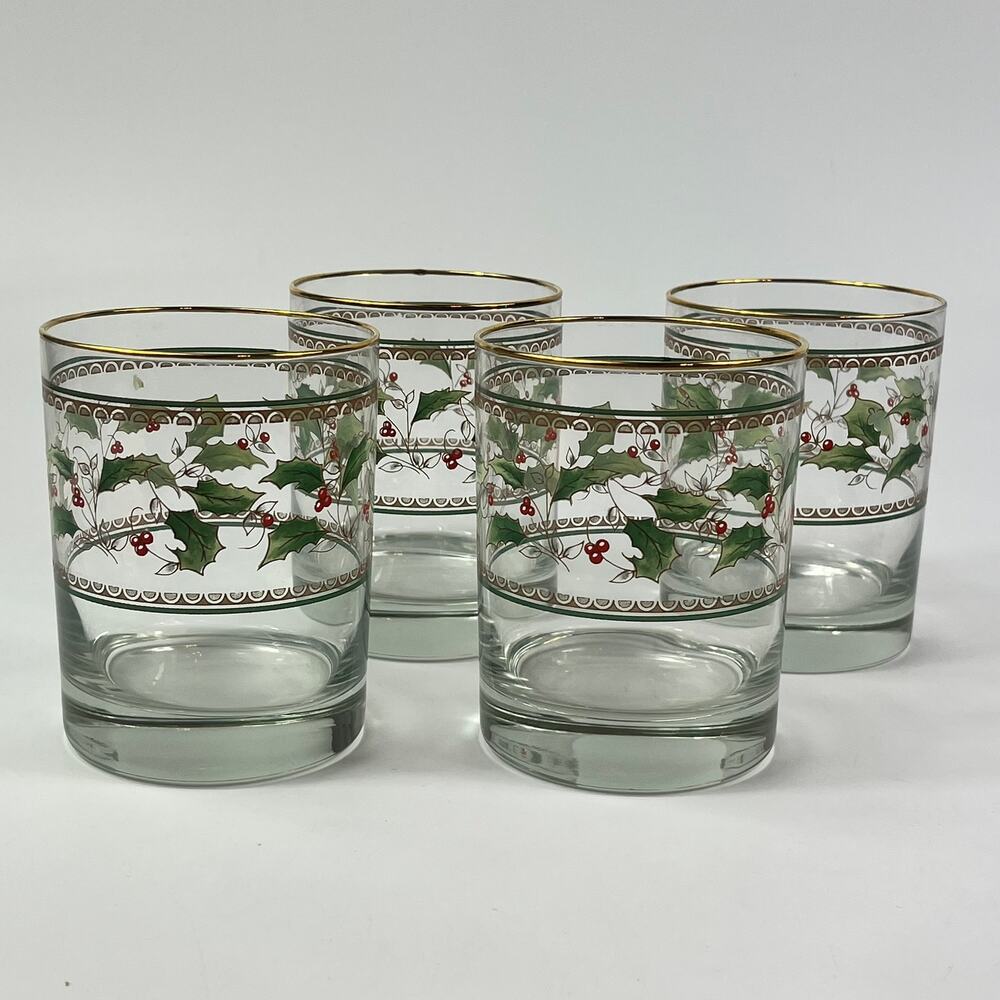 Vtg Holiday Home Holly Berry Tumblers Christmas x4 Gold Rim Glasses 4.25"